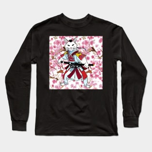 Haku Cat Samurai with Sakura! Long Sleeve T-Shirt